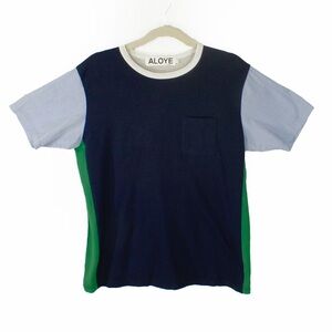 Aloye Japan Navy Blue Color Block Short Sleeve Shirt Top
